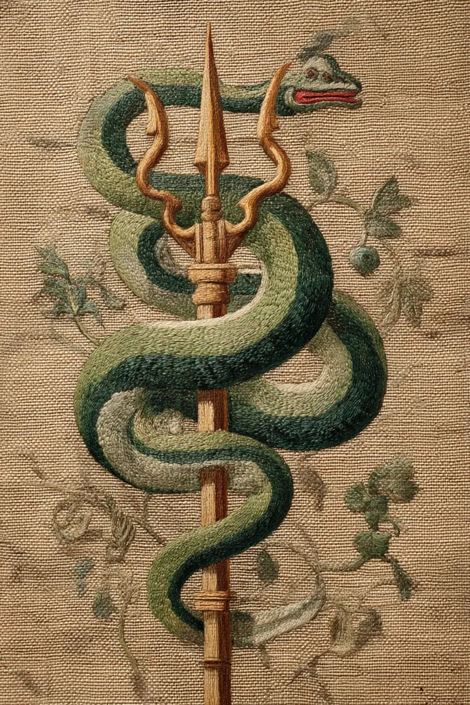A detailed embroidery depicts a gold trident entwined by a green serpent. The serpent's body gracefully coils around the trident, its head subtly positioned at the top.  The background is a textured beige fabric, subtly embroidered with leafy botanical details that frame the central motif.  The craftsmanship suggests a high level of skill and attention to detail in the needlework.