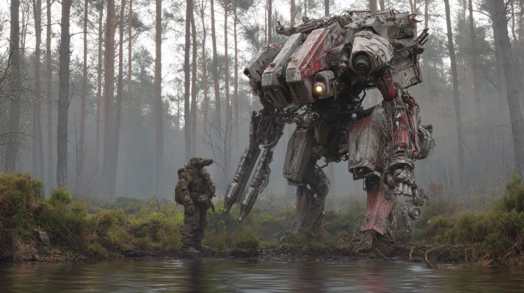 A lone soldier in camouflage stands before a massive, weathered mech in a misty forest. The mech, a towering machine of metal and red accents, appears battle-worn.  The scene evokes a sense of isolation and the potential for conflict, the small figure dwarfed by the immense technological presence. The setting is a tranquil yet ominous forest bordering a still body of water.