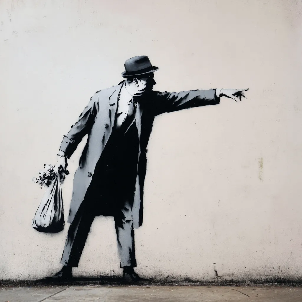 A stark black and white stencil graffiti depicts a man in a suit and hat, carrying a bag of flowers. He points dramatically to the right, his posture conveying a sense of urgency or direction. The artwork is set against a textured off-white wall, emphasizing the figure's silhouette.  The style is reminiscent of Banksy's work, characterized by its simple yet impactful imagery and social commentary.