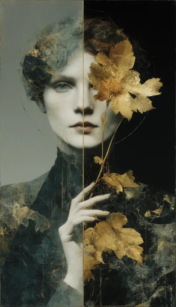 A stylized portrait, bisected by a vertical line, features a pale-skinned individual with dark hair partially obscured by gilded leaves.  The figure's hand delicately holds a golden branch, contrasting the dark, textured background.  The overall aesthetic is one of elegant mystery, blending realism with surreal, almost collage-like elements of gold and dark teal. The image evokes a sense of quiet contemplation and hidden beauty.