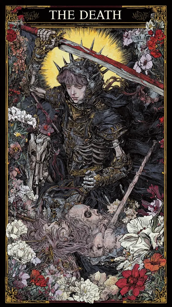 A darkly beautiful depiction of "The Death" card from a tarot deck. A skeletal figure in ornate golden armor, crowned with a spiked helmet, wields a large sword. They stand over a fallen, pale figure amidst a vibrant profusion of flowers, suggesting both death and rebirth.  The style is intricate and detailed, with a gothic and romantic feel.  The image is framed with an elegant gold border.
