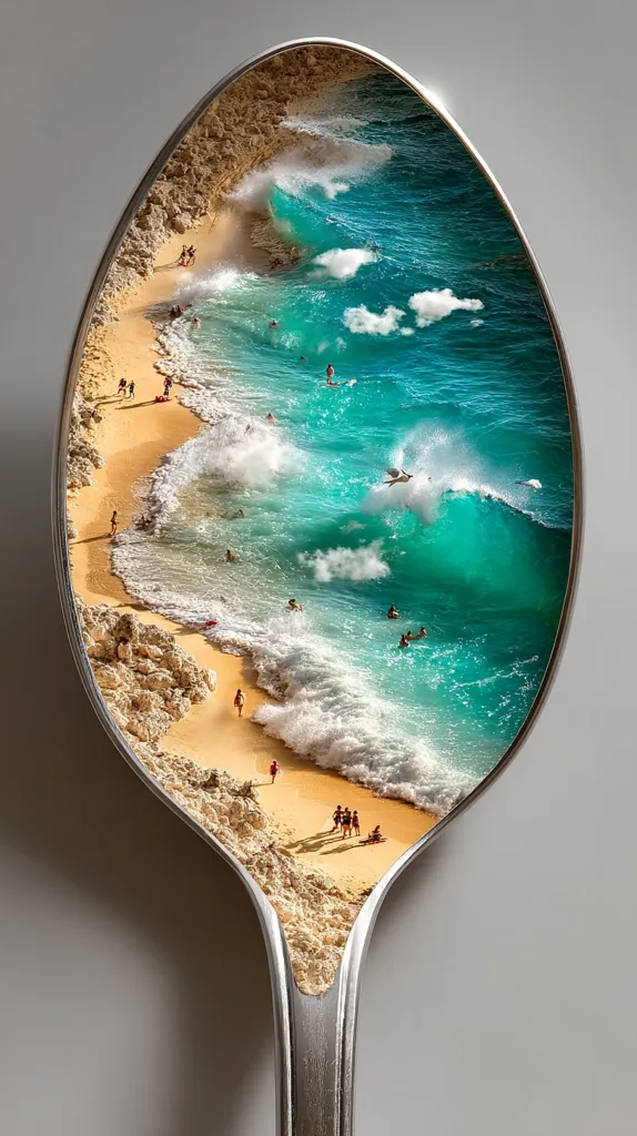 A captivating image shows a spoon's bowl filled with a miniature beach scene.  Turquoise waves crash onto a sandy shore where tiny figures of people relax and swim.  The composition creates an illusion of a contained world, a vibrant tropical paradise nestled within the everyday object of a spoon.  The contrast between the mundane spoon and the exotic beach is striking and surreal.