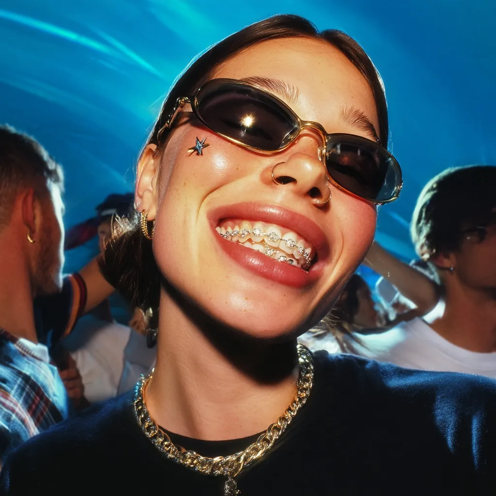 Close-up of a young woman with braces adorned with diamonds, wearing gold oval sunglasses and a chunky gold chain necklace.  A small star-shaped sticker is visible on her cheek.  She's smiling brightly, the background blurred with a lively, possibly nighttime, scene suggesting a party or concert atmosphere.  Her septum piercing is also visible.