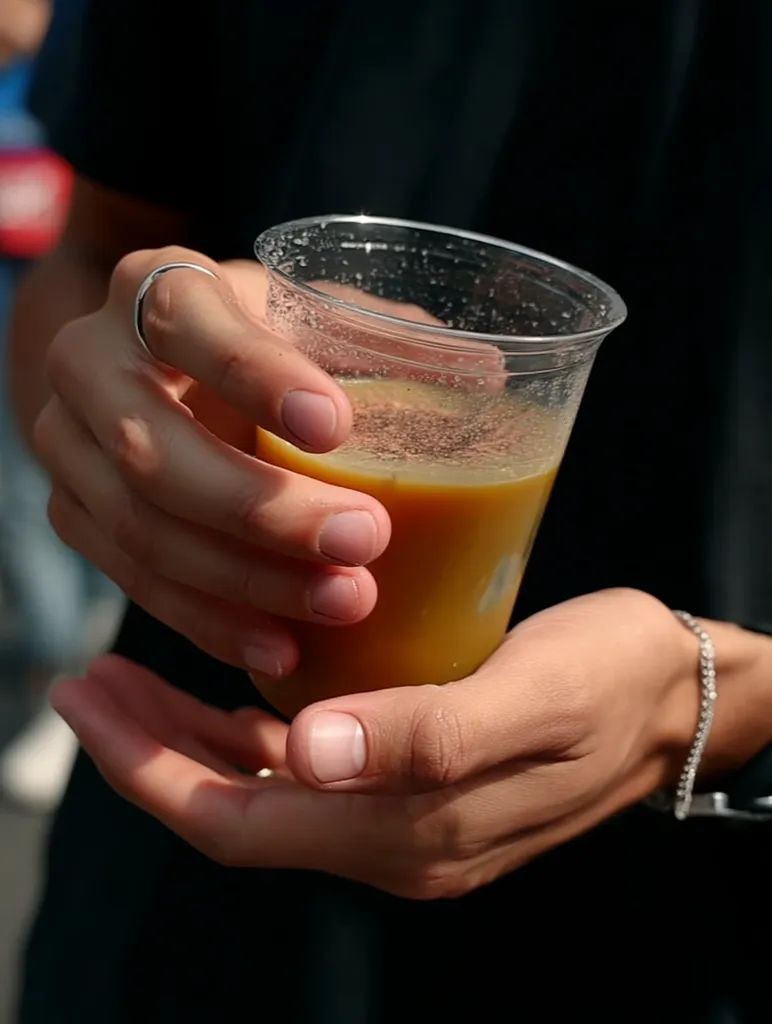 Close-up view of a person's hands carefully holding a clear plastic cup filled with a vibrant, golden-orange beverage. The liquid appears thick and possibly blended, suggesting a smoothie or juice.  The person is wearing a simple ring and a delicate bracelet. The background is blurred, indicating an outdoor setting.  The overall impression is one of casual enjoyment of a refreshing drink.