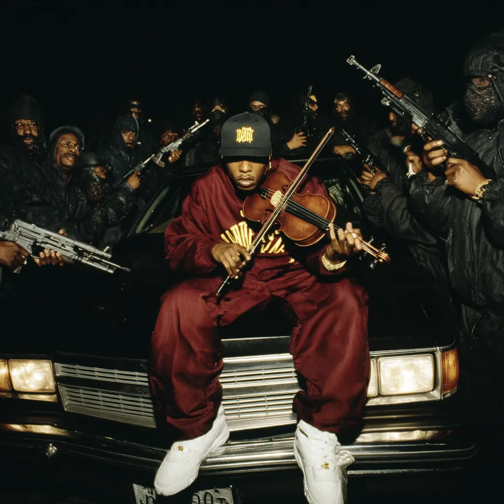 A man in a maroon tracksuit sits on the hood of a black car, playing a violin. He's surrounded by a group of armed men in black attire, creating a stark contrast between the classical instrument and the gangsta rap aesthetic.  The scene is set at night, adding to the dramatic mood.  The image is evocative of a powerful juxtaposition of cultures and styles.