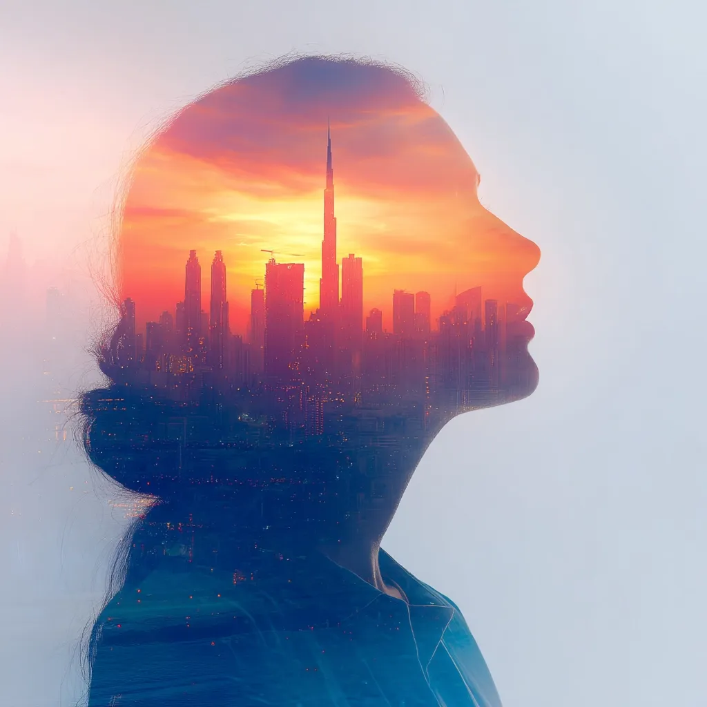 A double exposure image depicts a woman's profile superimposed with a vibrant cityscape at sunset.  The city skyline, including a prominent skyscraper, is vividly rendered within the silhouette of her head, suggesting ambition, dreams, or the fusion of individual aspiration and urban dynamism. The warm sunset tones contrast beautifully with the cool blues of her clothing.