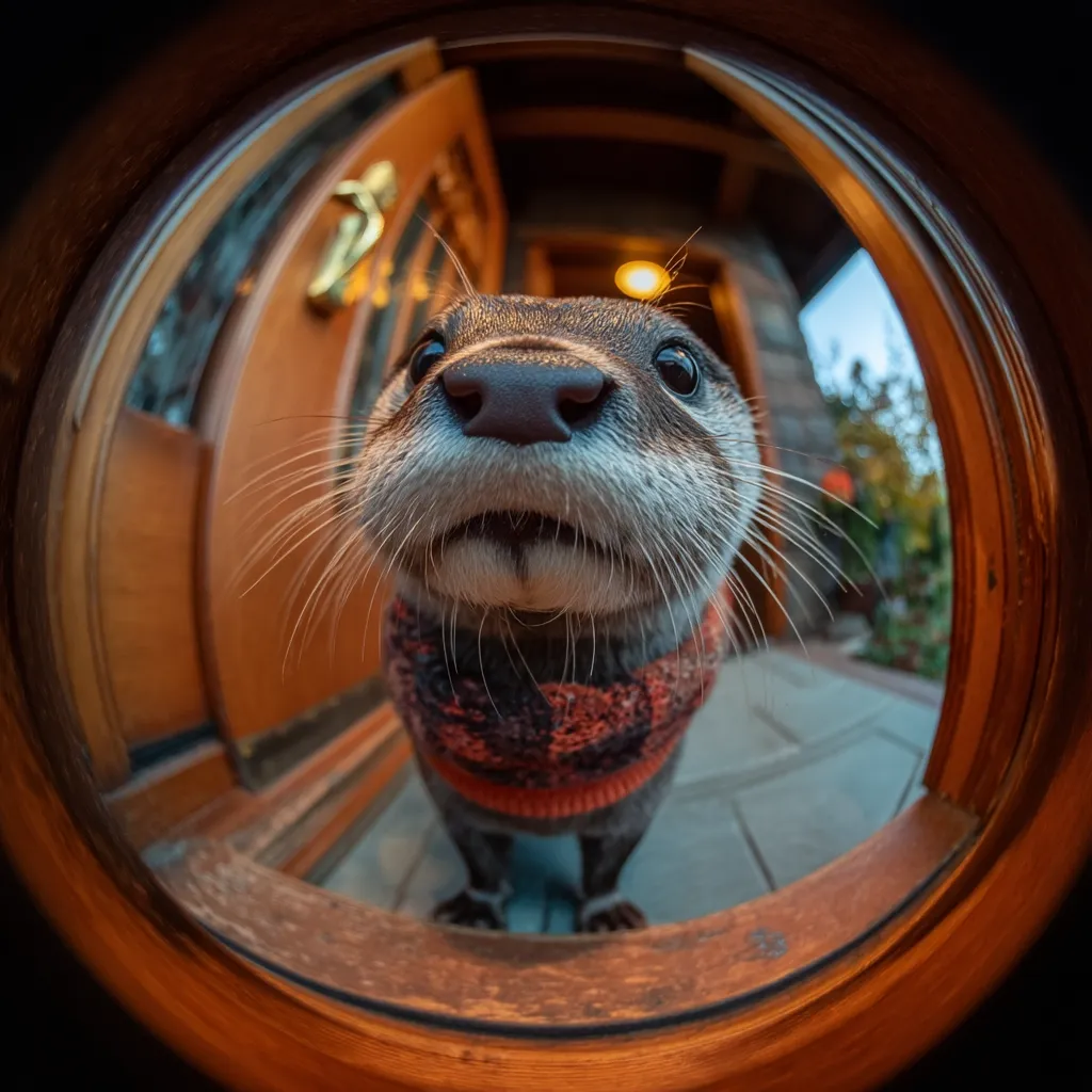 A close-up fisheye view of an otter wearing a cozy orange and black sweater stands at a doorway.  Its whiskers are prominent, and its face is in sharp focus, creating a playful and curious expression. The background is blurred, showing a home's entryway. The otter appears friendly and welcoming.