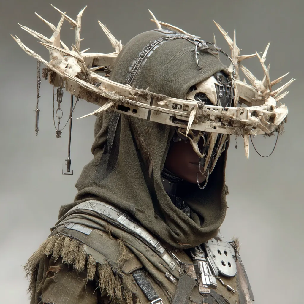 A digital rendering showcases a figure adorned in intricate, post-apocalyptic attire.  The centerpiece is a large, bone-like crown with sharp protrusions, encircling a hooded, olive-green garment.  Metallic and tattered textures suggest a weathered, dystopian aesthetic.  The mask-like facial covering and added chains contribute to a mysterious and formidable appearance. The overall style evokes a blend of futuristic and primitive elements.