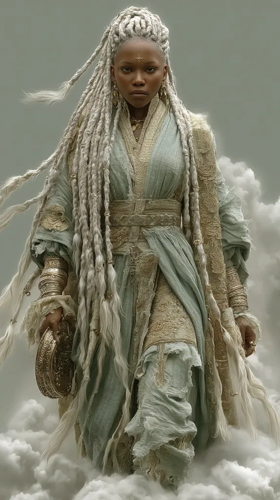 A woman with long, white dreadlocks stands amidst clouds, wearing a flowing, pale green robe adorned with gold embroidery and intricate detailing.  The robe is distressed, appearing worn and ethereal.  She holds a golden circular object, and wears numerous gold bracelets and necklaces, creating a mystical and powerful aura. Her expression is serious and intense.