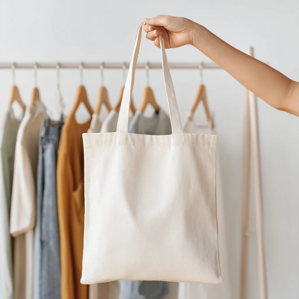 A hand holds a blank, off-white tote bag in front of a clothing rack.  The bag is made of canvas and has a simple design. The clothing rack is filled with various garments, blurred to focus attention on the bag, which is ideal for branding or promotional purposes. The scene is bright and minimalist.