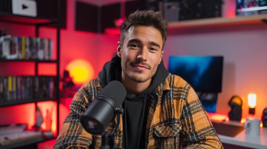 A young man with short brown hair sits in a brightly lit room, smiling gently at the camera. He wears a black hoodie under a mustard-yellow and black plaid shirt. A black microphone is positioned in front of him, suggesting a recording or streaming setup.  The background features bookshelves, computer monitors, and gaming equipment, indicative of a home office or gaming space. The overall ambiance is warm and inviting.