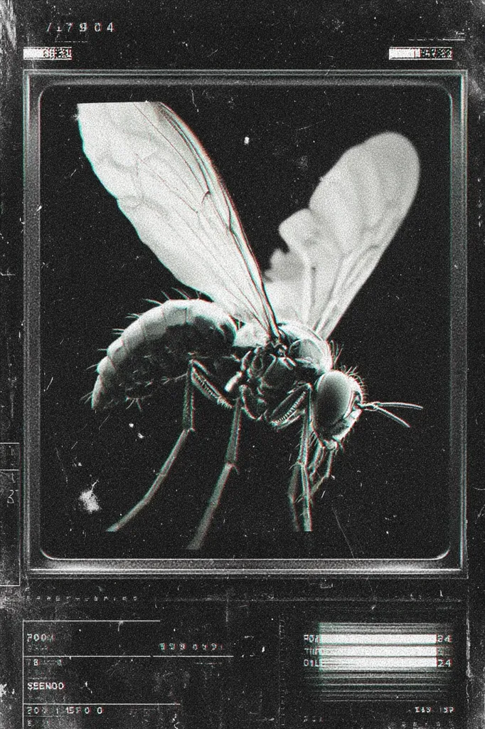 A close-up, monochrome image with a glitch effect depicts a large insect, possibly a wasp or fly, its wings spread wide.  The image is framed like a vintage surveillance photo or data file, complete with grainy texture, numerical data, and a distressed border. The insect's detailed anatomy is visible, enhanced by the digital distortion. The overall aesthetic is dark, gritty, and slightly unsettling.