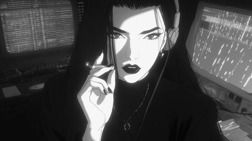 A monochrome illustration depicts a stylish woman with long dark hair, wearing headphones and a turtleneck.  She holds a cigarette, her expression serious and alluring.  The background features computer screens displaying lines of code, suggesting a technological or cyberpunk setting. The overall mood is dark, sleek, and mysterious.