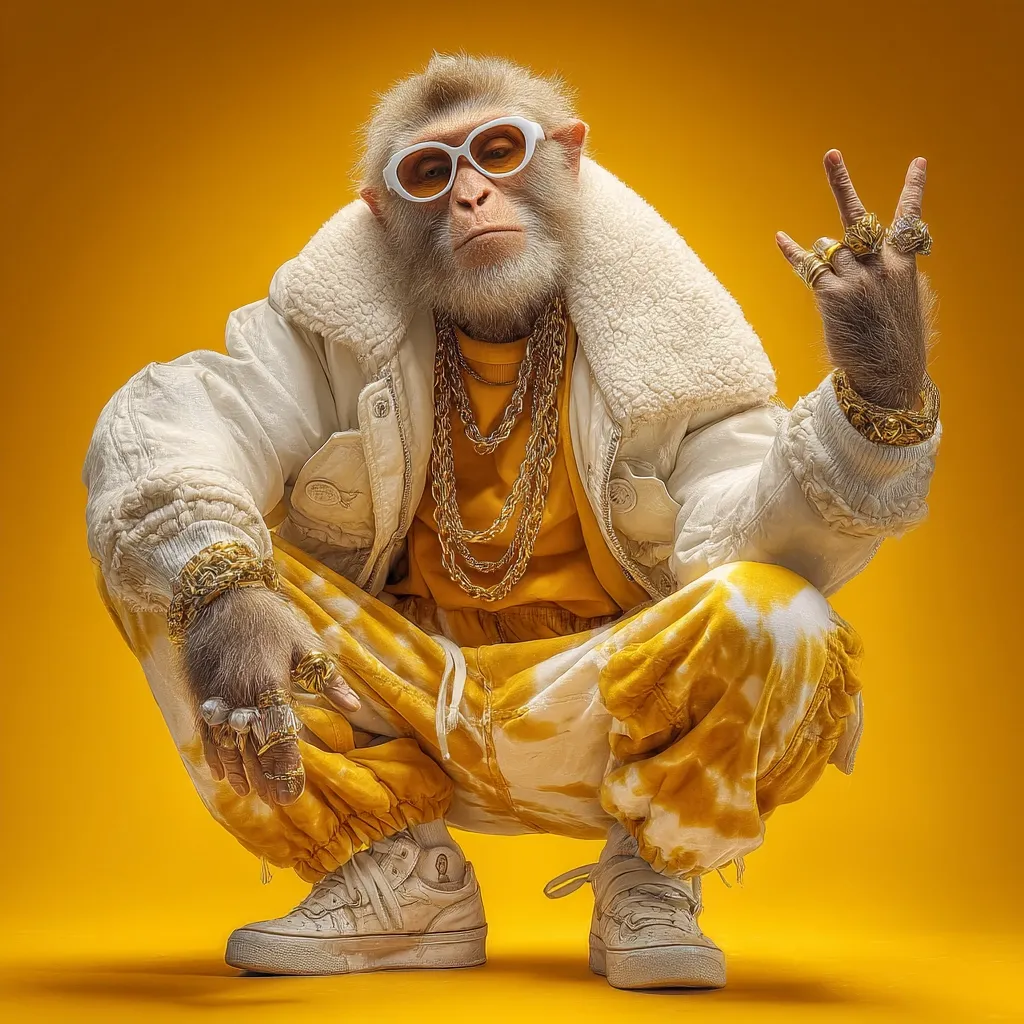 A monkey, dressed in a stylish white jacket with a sherpa collar, yellow tie-dye pants, and white sneakers, squats against a vibrant yellow backdrop.  He sports white sunglasses and numerous gold chains and rings, conveying a hip-hop-inspired aesthetic.  One hand is raised in a gesture, emphasizing the opulent jewelry. The overall image is digitally created, showcasing a humorous and fashionable primate.
