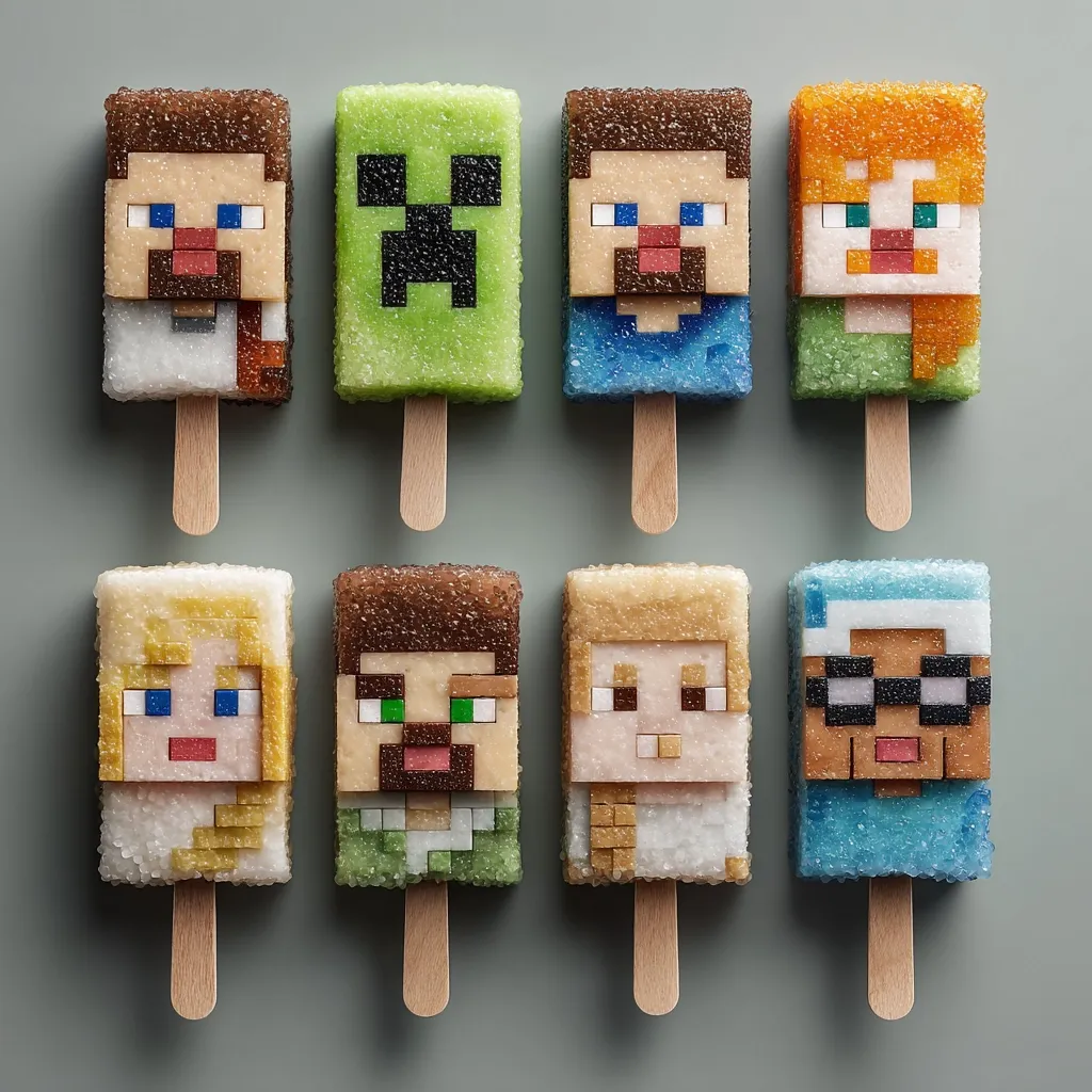 Eight Minecraft-themed popsicles are arranged in a grid.  Each popsicle features a pixelated character from the game, including Steve, Alex, a Creeper, and other recognizable figures.  The popsicles are made from a textured, sugary material, giving them a unique appearance.  The wooden sticks add to the overall playful and creative design.