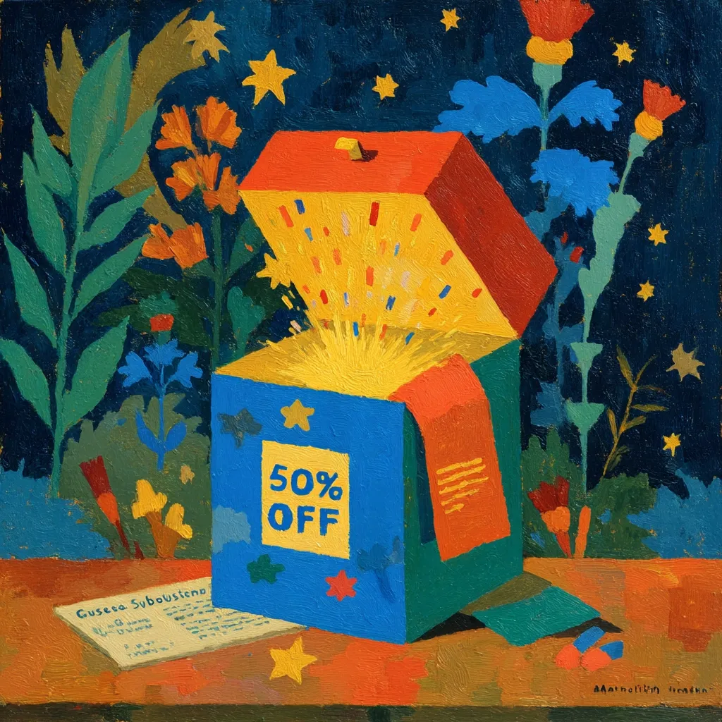 A vibrant, stylized painting depicts an open gift box overflowing with yellow light and confetti.  The box is blue and green, boldly displaying "50% OFF." Surrounding it are stylized flowers and stars against a dark background. A small receipt or note rests on the table beside it. The overall style is playful and suggestive of a celebratory sale or discount.
