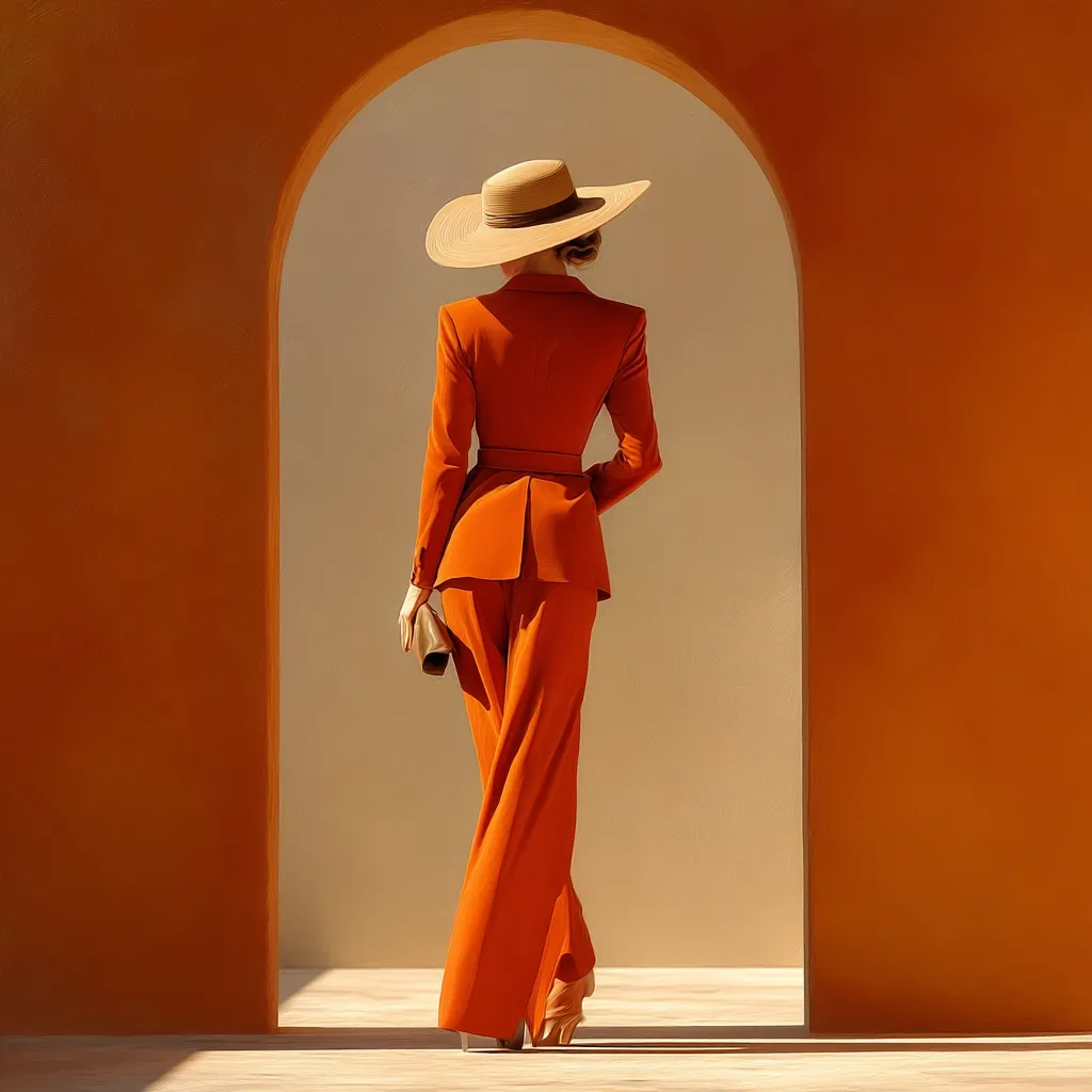 A woman in a vibrant orange pantsuit and wide-brimmed hat walks away from the camera.  She carries a small clutch. The architectural backdrop features an orange wall with a neutral-toned arched doorway, creating a striking contrast with the model's outfit. The scene is minimalist and stylish, evoking a sense of elegance and sophistication.