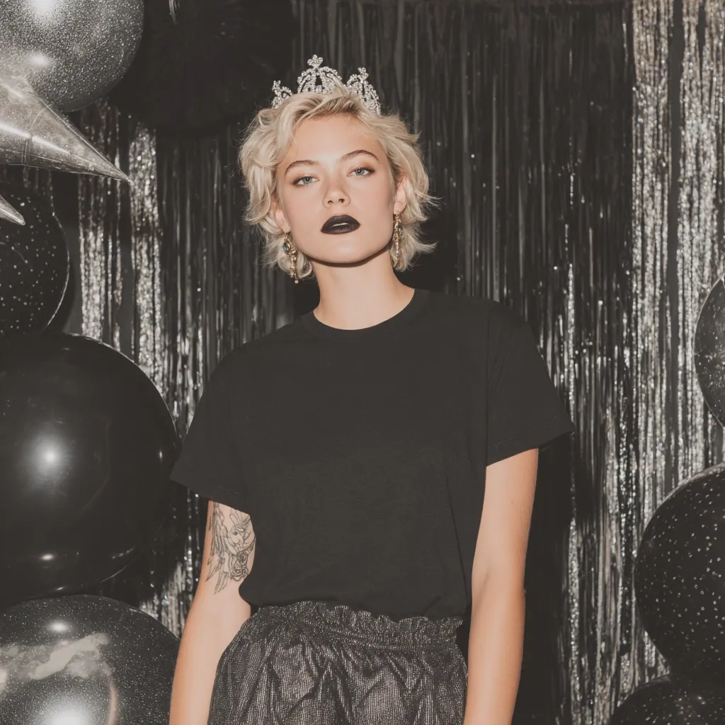 A young woman with short blonde hair, wearing a black t-shirt and sparkly silver pants, poses against a backdrop of black and silver balloons and a shimmering curtain.  She's adorned with a tiara and dark lipstick, creating a striking contrast. The overall mood is dark, glamorous, and slightly edgy.