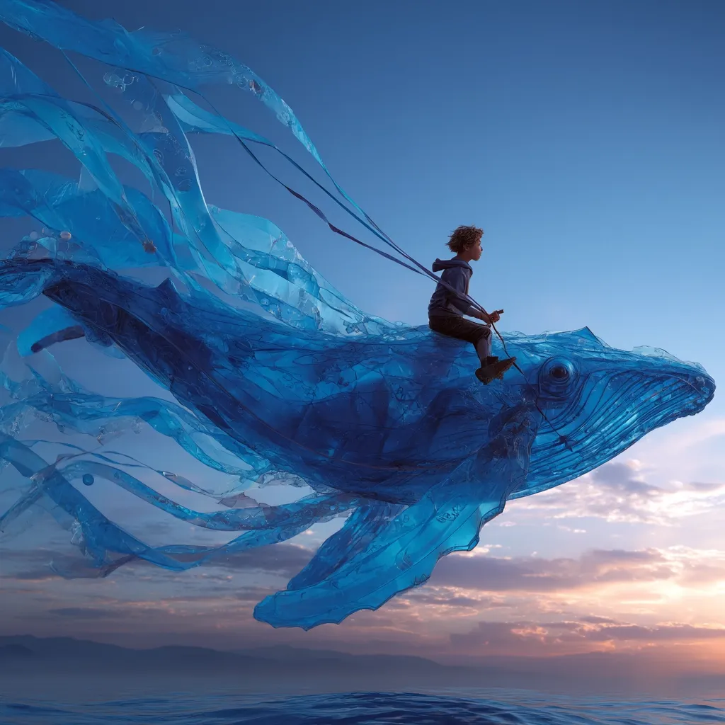 A young boy sits atop a translucent, blue whale-shaped creature, soaring through a vibrant sunset sky.  The whale appears to be made of shimmering, flowing material, its form ethereal and dreamlike.  Long, ribbon-like strands trail behind, adding to the magical, surreal quality of the scene. The ocean stretches below, mirroring the colors of the sky.