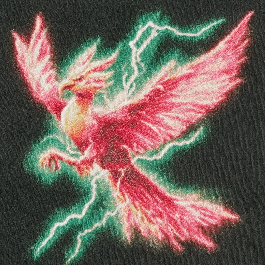 A vibrant phoenix, rendered in shades of pink and red, takes flight against a dark background.  Electric green lightning bolts crackle around the mythical bird, enhancing its fiery appearance.  The phoenix's wings are outstretched, showcasing intricate detail in its plumage.  The overall style suggests a blend of fantasy art and possibly a textile print.