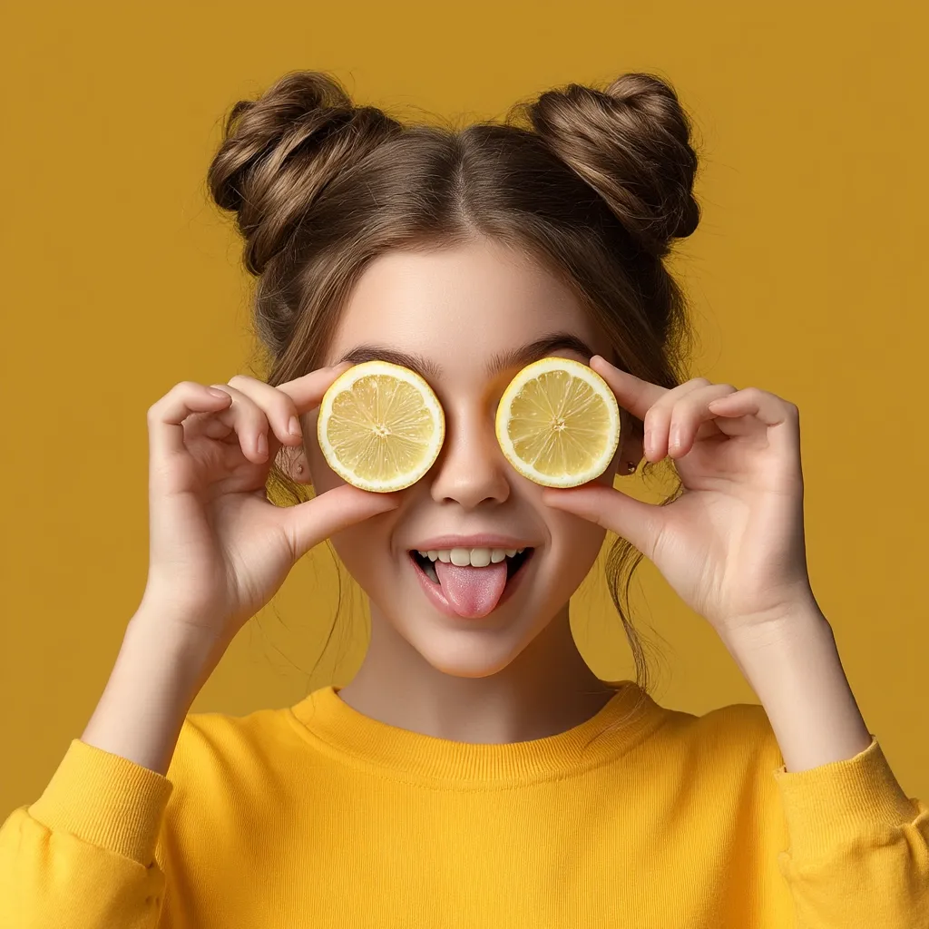 A playful girl with her hair in space buns playfully holds lemon halves over her eyes.  She's wearing a yellow sweatshirt and has her tongue sticking out, creating a cheerful and vibrant image against a matching yellow background. The overall mood is bright, fun, and summery.