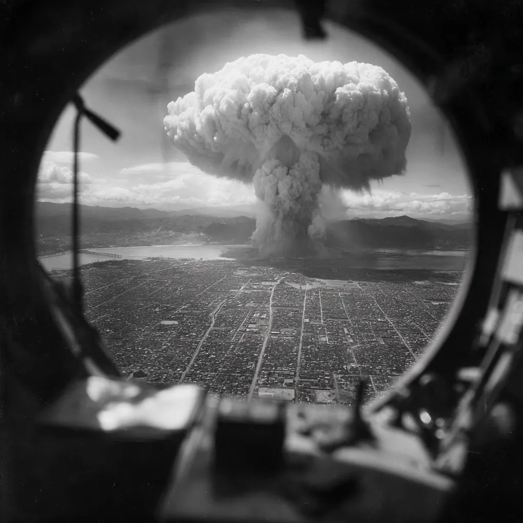 A black and white photograph, viewed through an aircraft's porthole, captures the aftermath of a nuclear explosion.  A massive mushroom cloud dominates the sky above a sprawling city, the landscape stretching to a distant body of water and mountains. The city below appears largely destroyed, a stark contrast to the immense power displayed above. The image is a powerful visual representation of the devastation caused by atomic warfare.