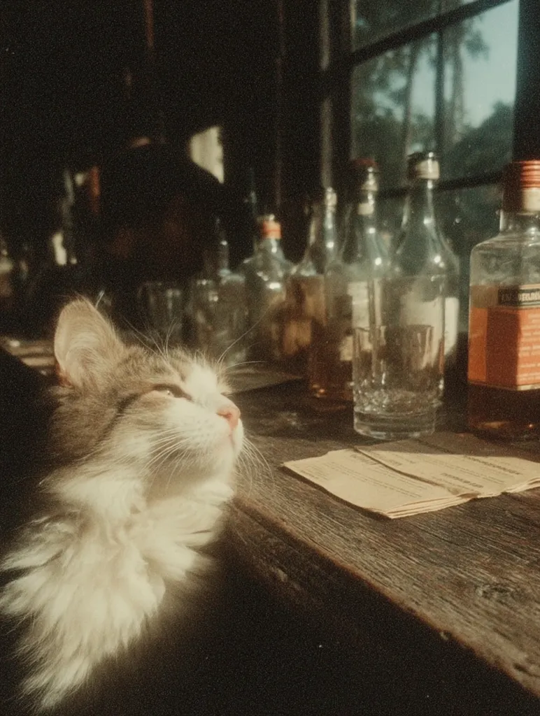 A fluffy, light brown and white cat sits at a wooden bar, basking in the warm sunlight streaming through a window.  Behind the cat, numerous glass bottles of liquor line the bar, hinting at a cozy, dimly lit establishment.  A few empty coasters are scattered on the counter. The overall atmosphere is calm and nostalgic.