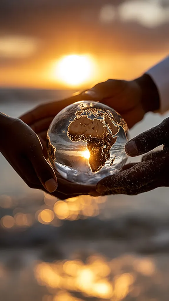 Two hands gently cradle a glass globe depicting the Earth, backlit by a vibrant sunset. The warm golden light shines through the globe, illuminating the continents. The scene evokes a sense of shared responsibility and care for the planet, a symbol of global unity against a breathtaking natural backdrop. The image’s focus is on the delicate interaction between humanity and the environment.