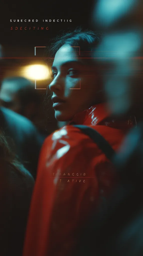 A woman in a red jacket is the focus of a moody, atmospheric image.  The background is blurred and dark, with neon-like lighting creating a mysterious ambiance.  Text overlays suggest a title or concept: "SUBECRED INDECTIIG SDECITING" and "THANGGIP TATIVE". The woman's face is partially obscured, adding to the enigmatic mood. The overall impression is one of intrigue and subtle suspense.