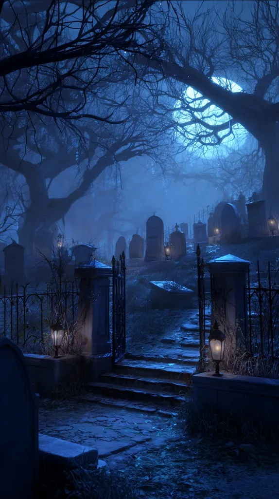 A moonlit graveyard scene.  Ancient, gnarled trees cast long shadows across a stone pathway leading to a wrought iron gate.  Numerous headstones stand under a large, pale moon.  Gas lamps cast a dim, eerie glow, illuminating the path and the silent, somber atmosphere. The overall tone is dark, mysterious, and evocative of a gothic setting.