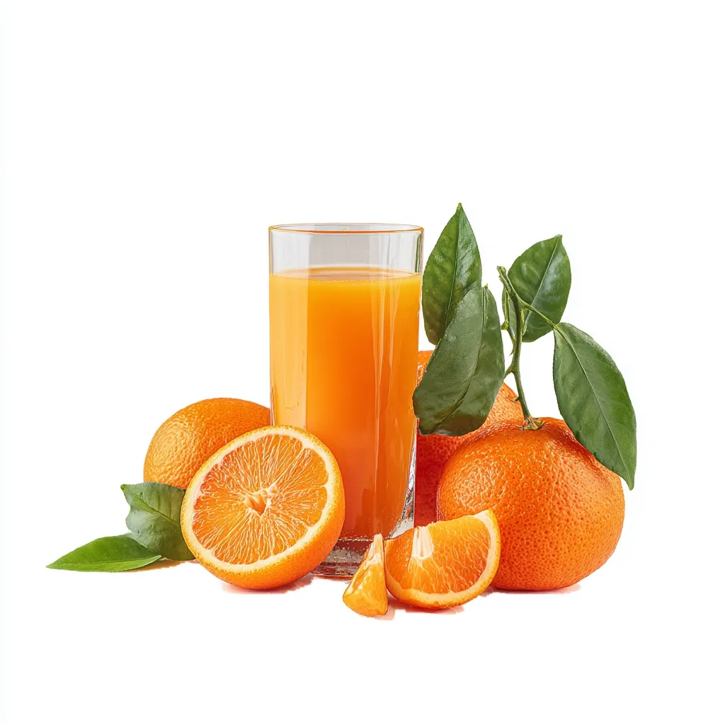 A tall glass of fresh orange juice sits amidst a cluster of whole oranges and orange slices.  Lush green leaves sprout from the oranges, adding a vibrant touch. The scene is set against a clean white background, highlighting the bright, juicy colors of the fruit and the refreshing drink.  The image evokes a feeling of freshness and health.