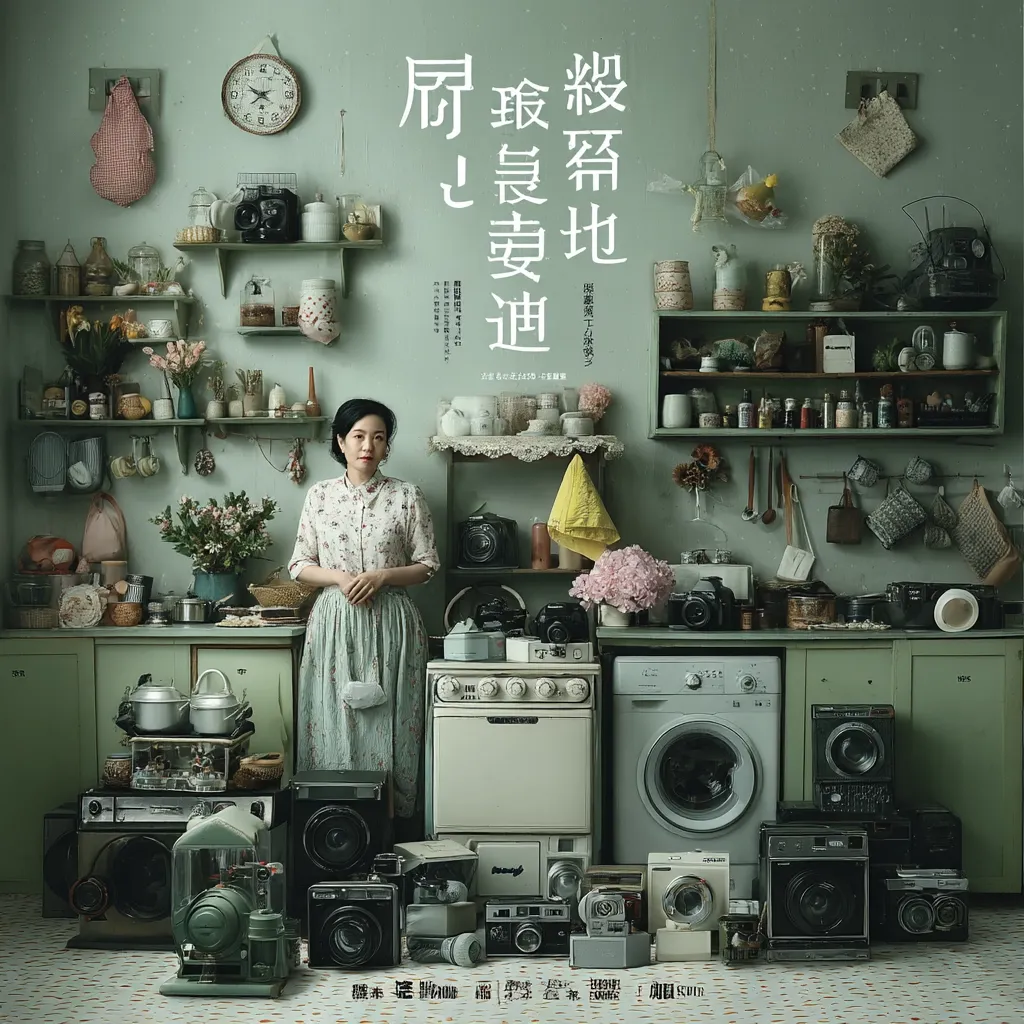 A woman stands in a vintage kitchen filled with antique appliances and cameras.  The walls are a muted green, adorned with shelves overflowing with vintage kitchenware and decorative items.  The overall aesthetic is nostalgic and evocative of a bygone era.  The scene is meticulously styled, suggesting a film still or promotional poster. The text is in Chinese, likely a film title.