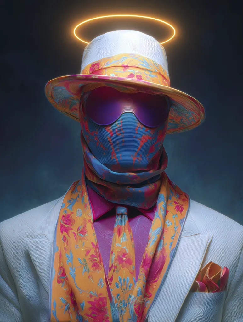 A stylized, faceless figure in a white suit is depicted.  The figure wears a vibrant floral patterned scarf and tie, purple sunglasses, and a wide-brimmed hat with a similar floral design. A glowing halo circles the hat. The overall aesthetic is surreal and fashionable, blending elements of mystery and elegance.  The color palette is bold and saturated.