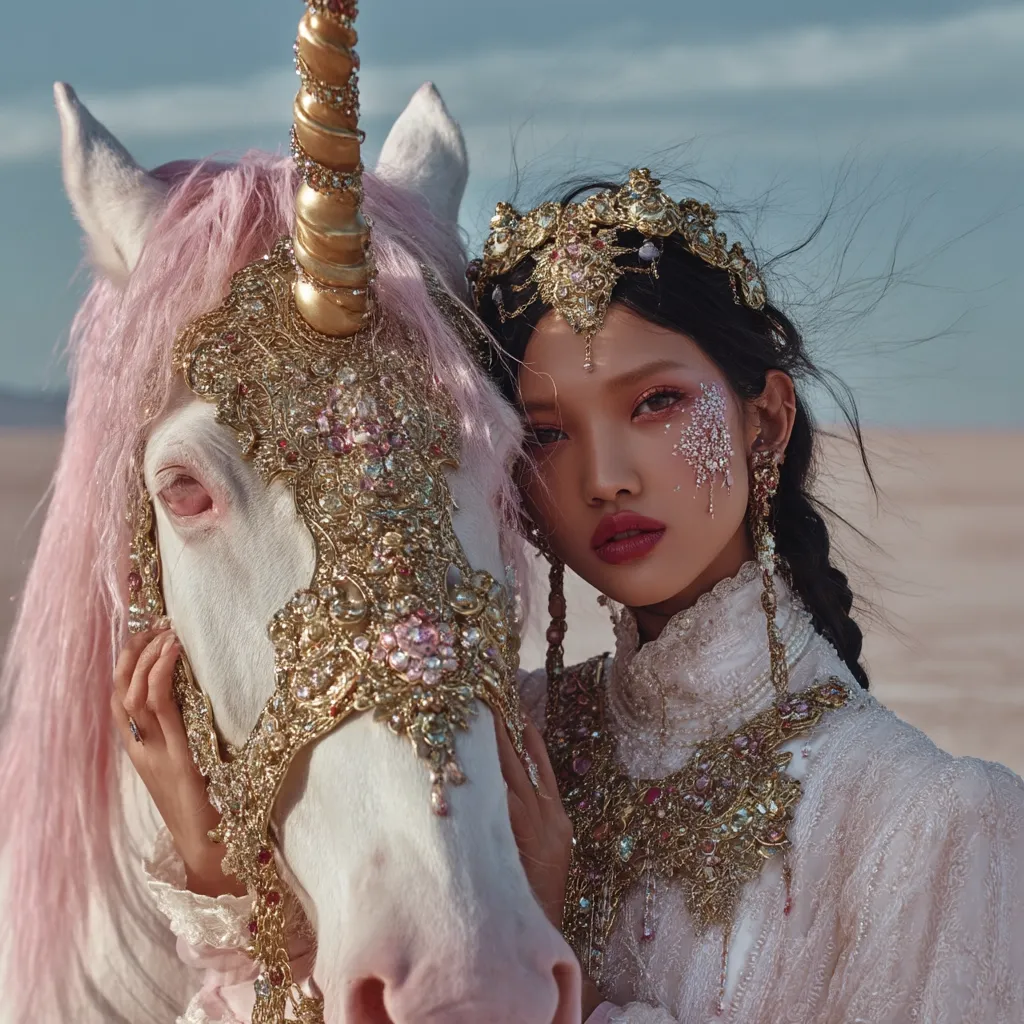 A young woman, adorned in an elaborate gold and pearl headdress and necklace, embraces a white unicorn with pink hair.  The unicorn's bridle is similarly ornate, matching the woman's jewelry. They stand in a desert landscape, creating a mystical and ethereal scene. The image is richly textured and visually captivating.