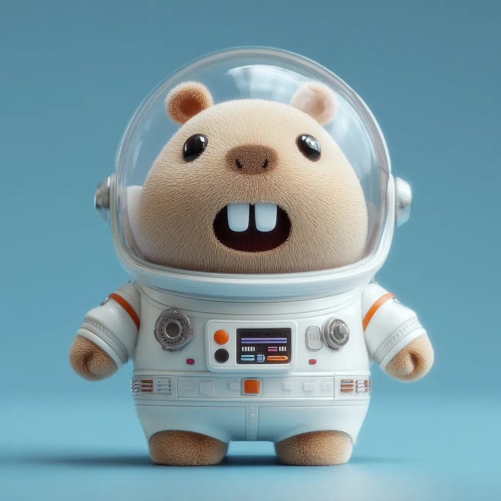 A cute, furry, cartoon rodent, possibly a marmot or prairie dog, is depicted wearing a miniature astronaut suit.  The spacesuit is white with orange accents and small control panels. The rodent's face is visible through the clear helmet, showcasing its friendly expression and prominent front teeth.  The overall image is rendered in 3D, with a soft, playful aesthetic. The background is a simple light blue.