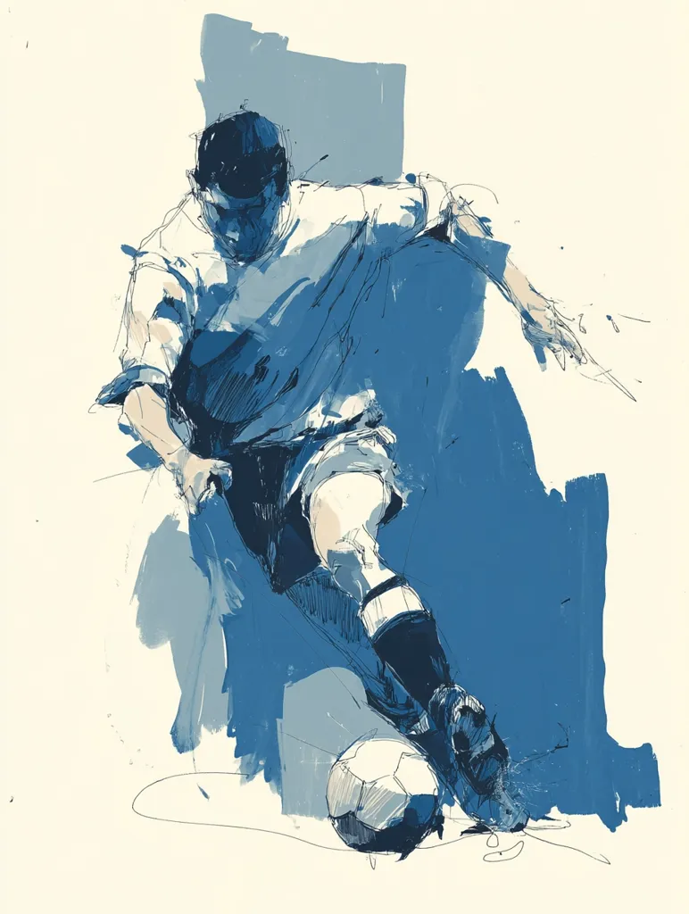 A dynamic illustration captures a soccer player in motion.  Rendered in shades of blue, the artwork emphasizes the fluidity of the player's movement as he controls the ball.  The style is expressive and gestural, prioritizing the feeling of action over precise detail.  The player's form is implied through bold brushstrokes and lines, creating a sense of energy and athleticism.