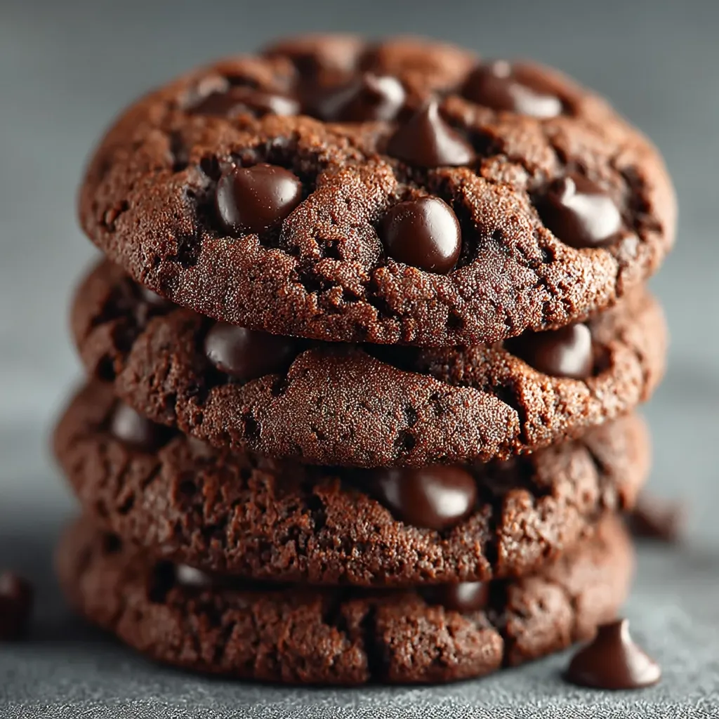 A close-up shot reveals a tempting stack of four double chocolate cookies.  Each cookie is rich, dark brown, studded with semi-sweet chocolate chips, and boasts a slightly cracked, chewy texture.  The cookies are piled high, showcasing their delicious depth and decadent appeal.  A single chocolate chip rests on the surface beside the stack.