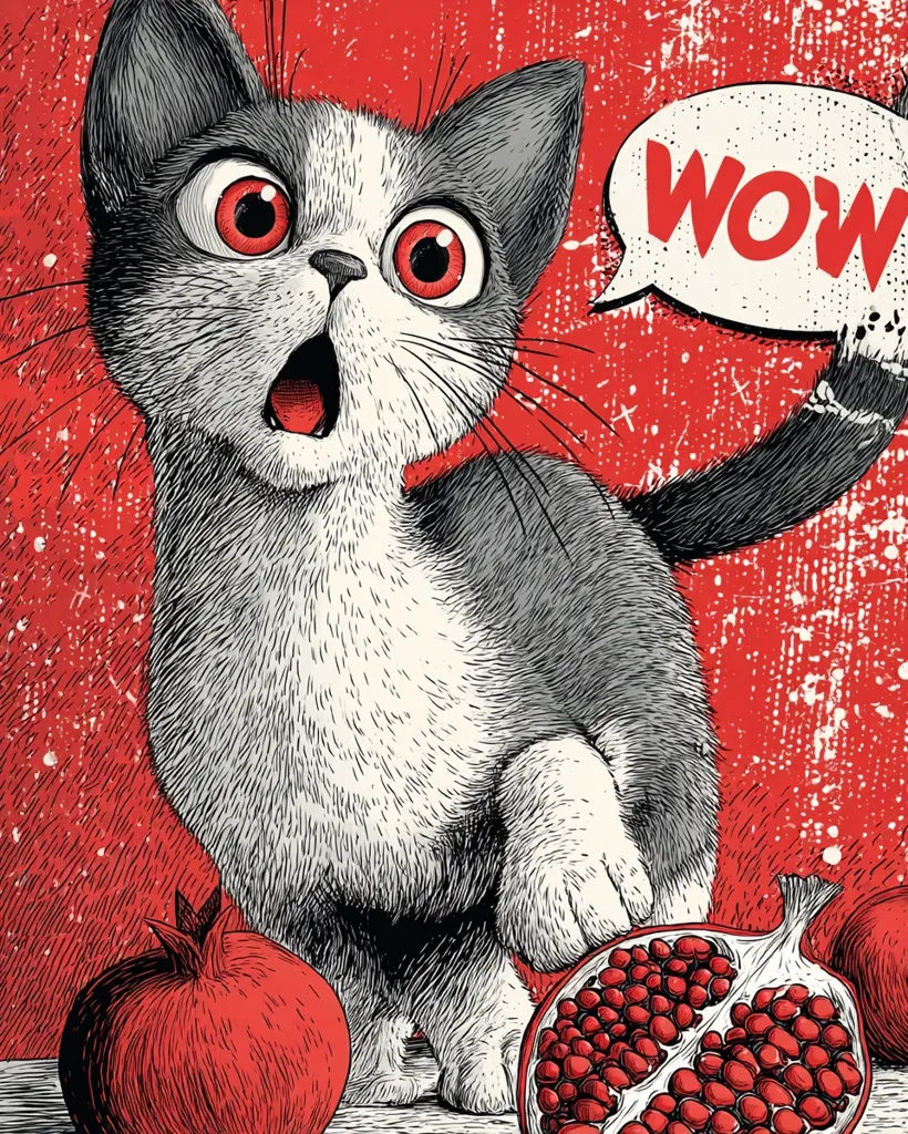 A stylized illustration features a surprised-looking cat with large, expressive eyes and an open mouth, exclaiming "Wow" in a speech bubble.  The cat is predominantly gray and white, rendered in a detailed, almost scratchy style, against a textured red background.  Two pomegranates, one whole and one halved, are placed near the cat's paws, adding to the vibrant, graphic aesthetic.