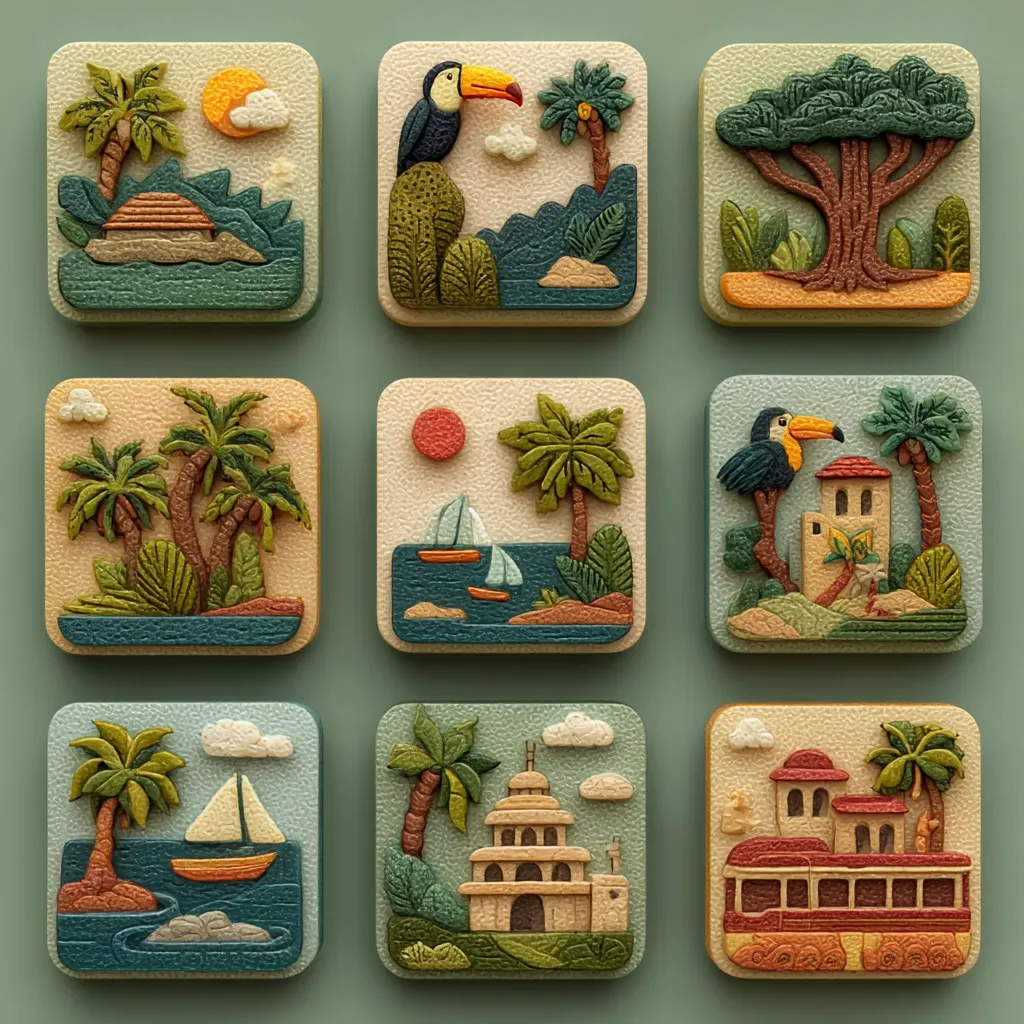 Nine square, textured tiles depict idyllic tropical scenes.  Each tile features a unique combination of palm trees, toucans, sailboats, buildings, and lush landscapes, rendered in a charming, textured style reminiscent of clay relief art.  The color palette is warm and inviting, evoking a sense of relaxation and vacation.