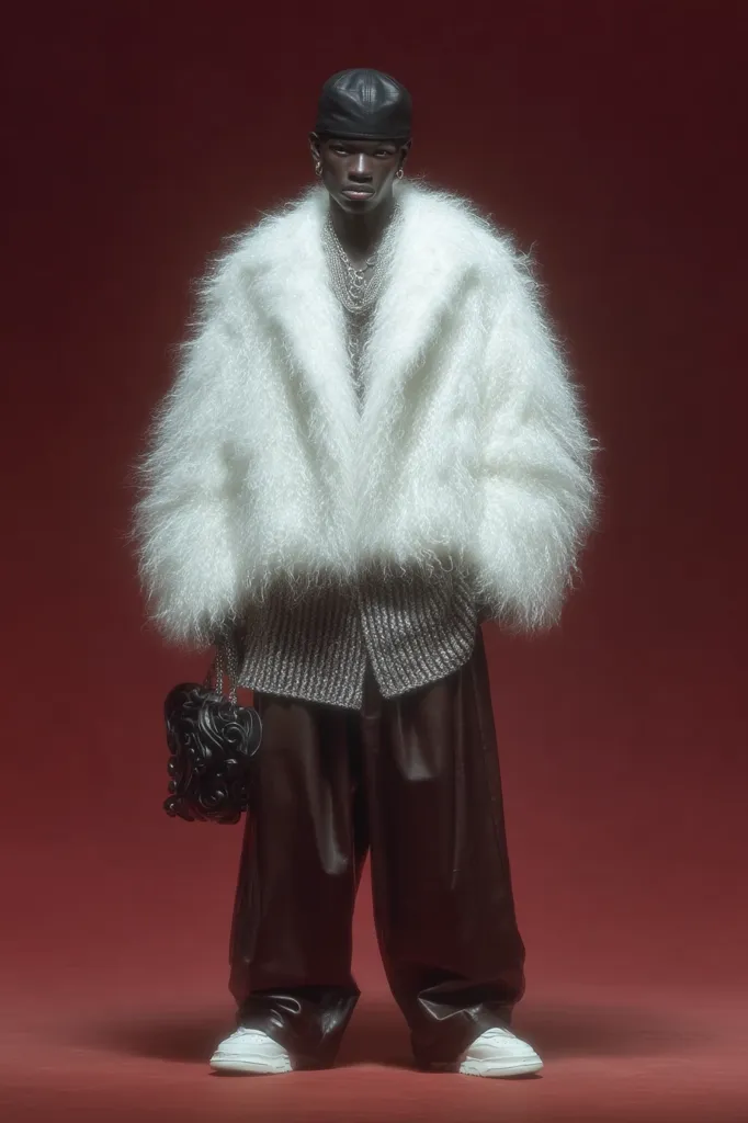 A male model sports a fluffy white coat over a gray knit sweater and black leather pants.  He accessorizes with a black cap, silver necklaces, and a unique black handbag.  The outfit is presented against a deep red backdrop, emphasizing the textures and contrast of the clothing. The model's pose is relaxed yet stylish, showcasing a contemporary fashion look.