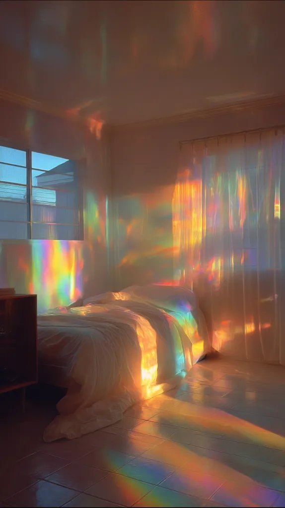 A bedroom bathed in the ethereal glow of a rainbow prism.  Sunlight streams through a window and sheer curtains, casting vibrant, prismatic colors across the walls, floor, and unmade bed. The room is softly lit, creating a dreamy and magical atmosphere.  A wooden bedside table is partially visible. The overall mood is serene and peaceful.
