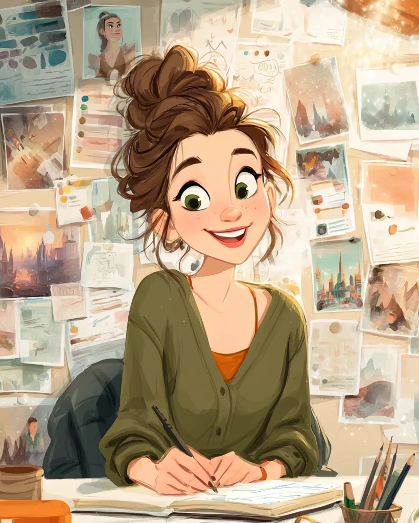 A cheerful young woman with brown hair in a bun sits at a desk, surrounded by inspirational artwork pinned to a wall.  She's wearing an olive green cardigan and is happily writing in a notebook with a pen. The image is vibrant and whimsical, showcasing a creative and artistic atmosphere.  The overall style is digitally painted, with soft colors and a focus on the character's joyful expression.