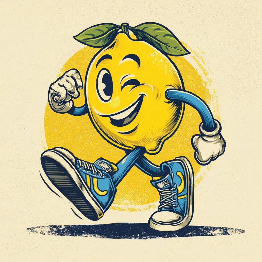 A whimsical illustration depicts a cheerful lemon character striding forward with a wink.  The lemon wears blue sneakers and has cartoonish arms and legs.  It's set against a yellow-toned background with a distressed texture, giving it a vintage feel. The overall style is vibrant and playful, suggesting energy and zest.