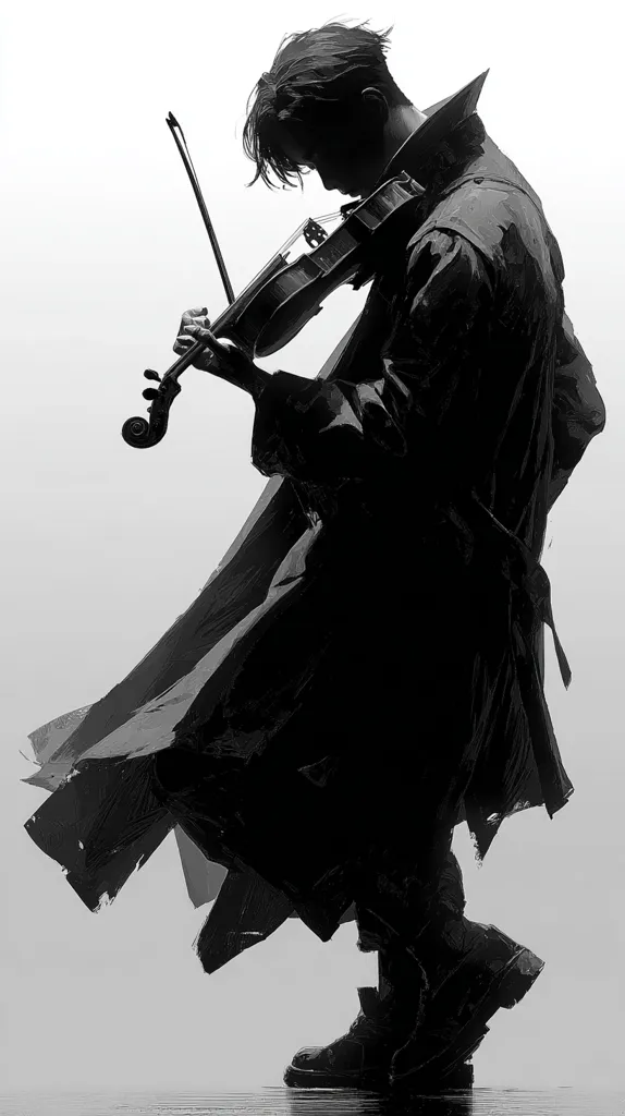 A monochromatic illustration depicts a person, seemingly male, enveloped in a long, dark coat.  He holds a violin, his head bowed in concentration as he plays. The style is dramatic and stylized, with strong contrasts and a focus on the figure's silhouette against a stark white background.  The image evokes a sense of melancholic intensity and artistic expression.