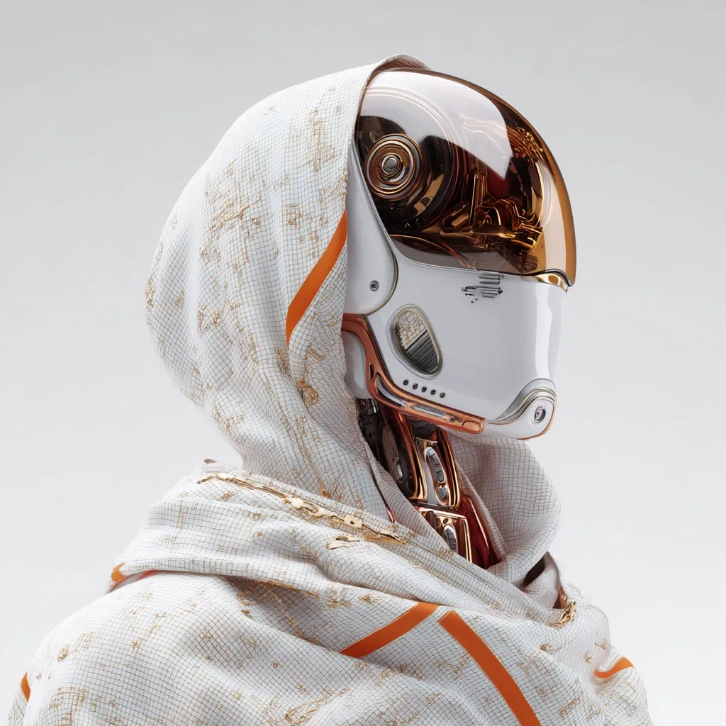 A close-up profile view of a futuristic robot.  Its head is encased in a transparent, amber-toned helmet, with a white faceplate. The robot wears a loose, hooded garment with a grid-like pattern and orange accents, creating a blend of technological advancement and flowing, almost ethereal fabric. The metallic neck and shoulders are visible beneath the fabric. The overall aesthetic is sleek and subtly contrasts the organic drape of the clothing with the hard lines of the robotic features.