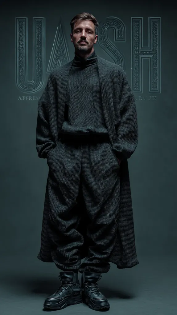 A man stands against a dark teal background, wearing an all-black ensemble.  The outfit consists of loose-fitting, textured trousers, a turtleneck sweater, and an open, long cardigan.  Large, bold lettering spells out "UASH" behind him.  He wears chunky black boots and has a serious expression. The overall aesthetic is minimalist and monochromatic.