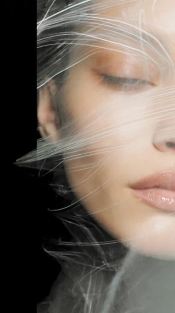 A close-up shot of a woman's face partially obscured by translucent, wispy strands resembling hair or fibers. Her eyes are closed, and her skin appears smooth and flawless.  The image evokes a sense of ethereal beauty and mystery, with the delicate veil creating a soft, dreamy effect. The background is dark, drawing focus to the pale skin and delicate strands.