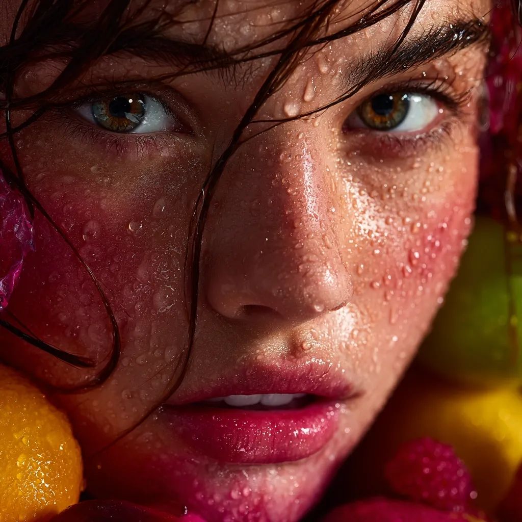 A close-up shot of a woman's face, glistening with water droplets. Her dark hair clings to her skin, framing expressive eyes and full lips.  The image has a vibrant, almost surreal quality, enhanced by the surrounding blurred fruit, creating a lush and sensual atmosphere. The focus is on the texture of her skin and the intensity of her gaze.