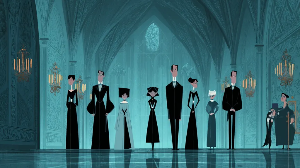 A stylized illustration depicts a family in formal attire within a grand, teal-toned hall.  The characters are elongated and simplified, with minimal detail, dressed in black and muted teal.  They stand in a formal arrangement against a backdrop of ornate architectural details, including tall columns and elaborate chandeliers.  The overall mood is somber and elegant, evocative of a period piece.