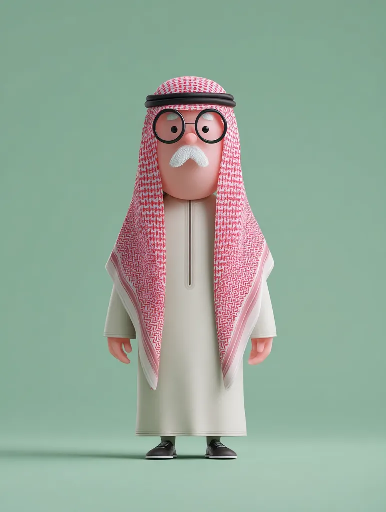 A 3D cartoon rendering depicts an elderly man in traditional Middle Eastern attire. He wears a long, beige thawb and a red and white checkered keffiyeh head covering, secured with a black agal.  His round glasses and prominent mustache add to his character. The figure stands against a muted green backdrop.